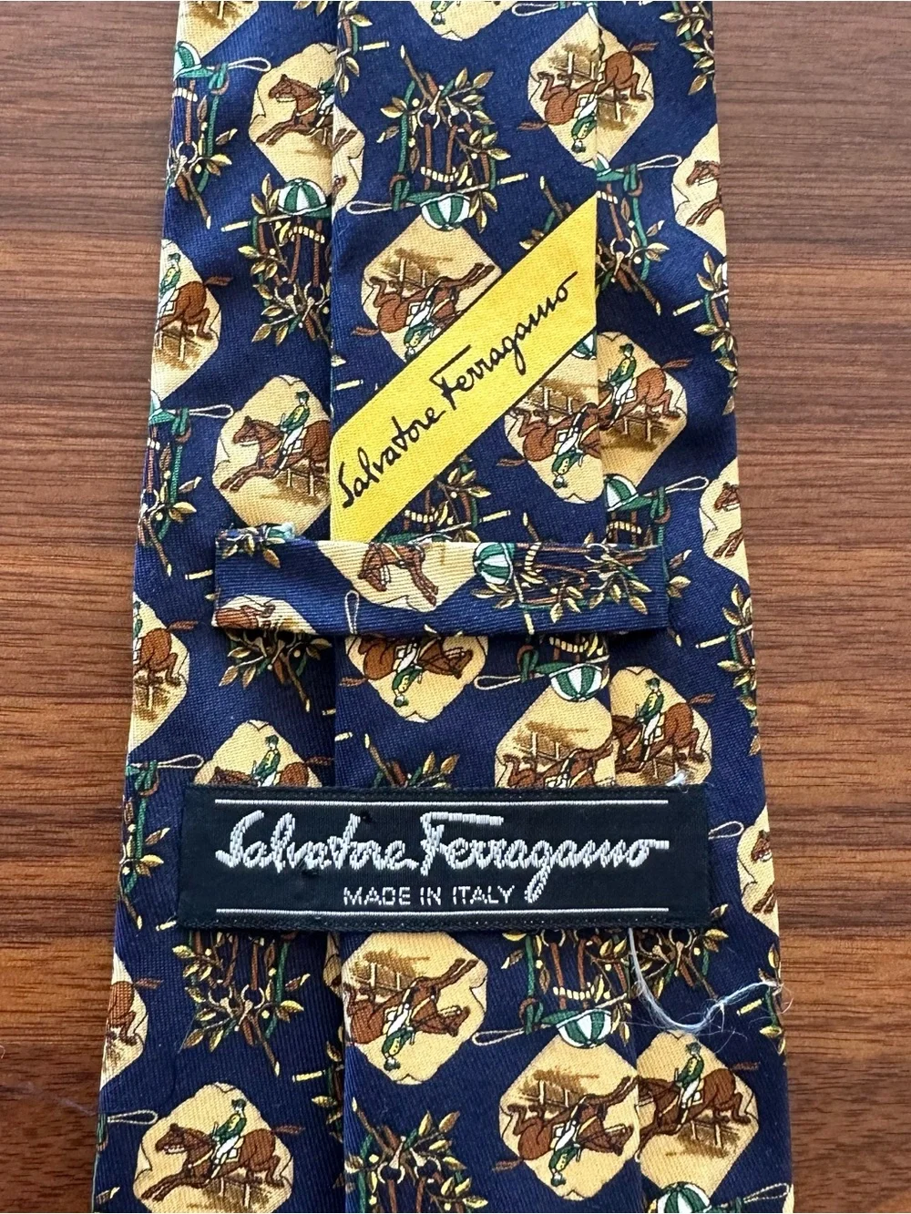 Salvatore Ferragamo Navy, Yellow & Brown Equestrian Silk Tie